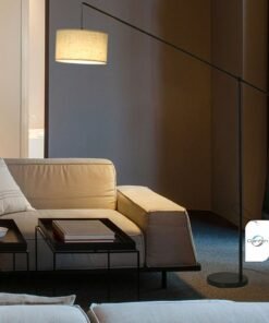 Glanfen Creative Simple Atmosphere Standing Floor Lamp Cantilever Vertical Adjustable Balance Arm Natural Linen Drum Lampshade Matte Black Metal Pole Foot Switch
