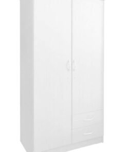 KUSTOMDECO 2 Door Wooden Wardrobe Cabinet | Engineered Wood Storage Cupboard with Lock & Drawers | Modern White Bedroom Wardrobe