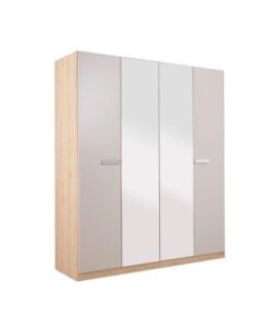 DANUBE HOME Cardano 4 Door Wardrobe With 2 Mirrors Sturdy Closet Clothes Storage Cupboard Modern Design Space Saving Swing Door Cabinet For Bedroom L181.6Xw59.6Xh216Cm - Natural Oak/Champagne