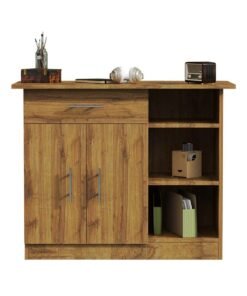 Mahmayi Stylish Multifunctional Medium Height Cabinet with Single Drawer, 3 Open Shelf Rack and 2 Door Storage Ideal for Hallway, Living Room, Kitchen, Bedroom - Cognac Brown Sherman Oak