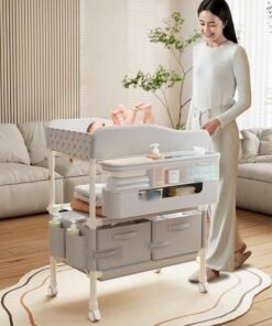 WALALLA Foldable Infant Diaper Station Baby Diaper Changing Table with Wheels Nursery Organizer for Newborns Babies Dresser Changing Table with Storage Rack Strengthen Structure and Adjustable Height