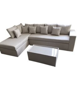 Maharat Al Bahar L Shape-Cerbo Diwan Velvet Sofa Set With Cushion And Table 5 Seater Beige 260x80x80