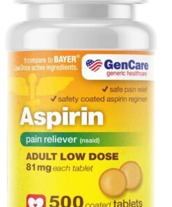 GenCare Low Dose Aspirin 81mg for Adults Coated NSAID 500 Tablets Adult Low Dose Enteric Coated Aspirin Pills Muscle Pain Menstrual Pain Relief Fever Reducer Generic Bayer