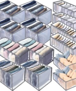Woanger 14 Pcs 6 Different Sizes Upgraded Wardrobe Clothes Organizer Jeans Organizer for Closet Foldable Pants Storage with Compartments Divided Sweater Boxes for Closet Shirts Underwear Socks Bra Bins Gray