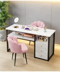 Alternative view of Manicure Table with 3 Drawers, Professional Nail Desk Workstation for Salon/Home Spa Beauty, Small Marble Look Desk with Drawers and Open Shelves for Home Office Manicure, White, YN128