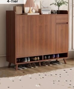 Kutis Double Rows 4 Tier Shoe Cabinet Storage Shoe Rack Organizer With Drawers And Doors Wood Brown 120x32x100 cm