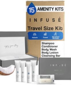 Terra Pure Infuse Amenity Kit Hotel Bulk Toiletries 1 oz Shampoo Conditioner Lotion Body Wash Cleansing Bar Soap for Guest Hospitality Vacation Rentals 15 SetsCase