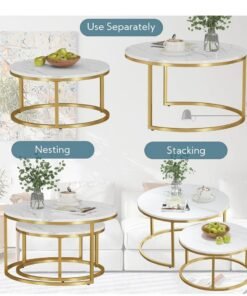 Round Coffee Tables Set of 2, Living Room Nesting Center Tables with White Gold Metal Frame, Modern Side End Tables for Bedroom Balcony Yard - Image 4