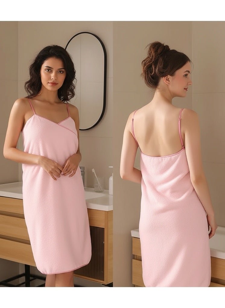 SYNSYB Women's Spa Wrap Bath Towel, Pink Cotton Blend Terry, Knee Length with Adjustable Straps, Quick Dry