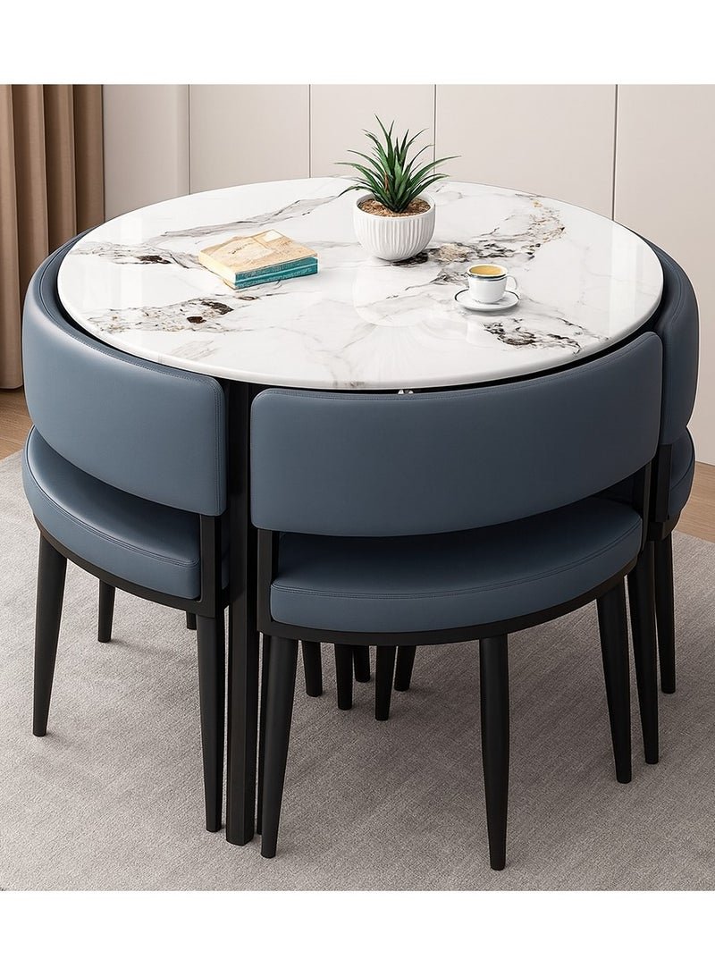 Harmony Home 5-Piece Round Dining Table Set – White Ceramic Marble Top with Metal Legs & 4 Blue PU Leather Cushioned Chairs – Modern Dining Furniture for Kitchen & Small Spaces