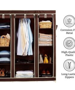 OBBO Portable 3-Door Foldable Wardrobe Closet – Fabric, Plastic & Iron Storage Organizer with Shelves & Hanging Rod | 10-Rack Lightweight Closet for Clothes, Shoes & Accessories