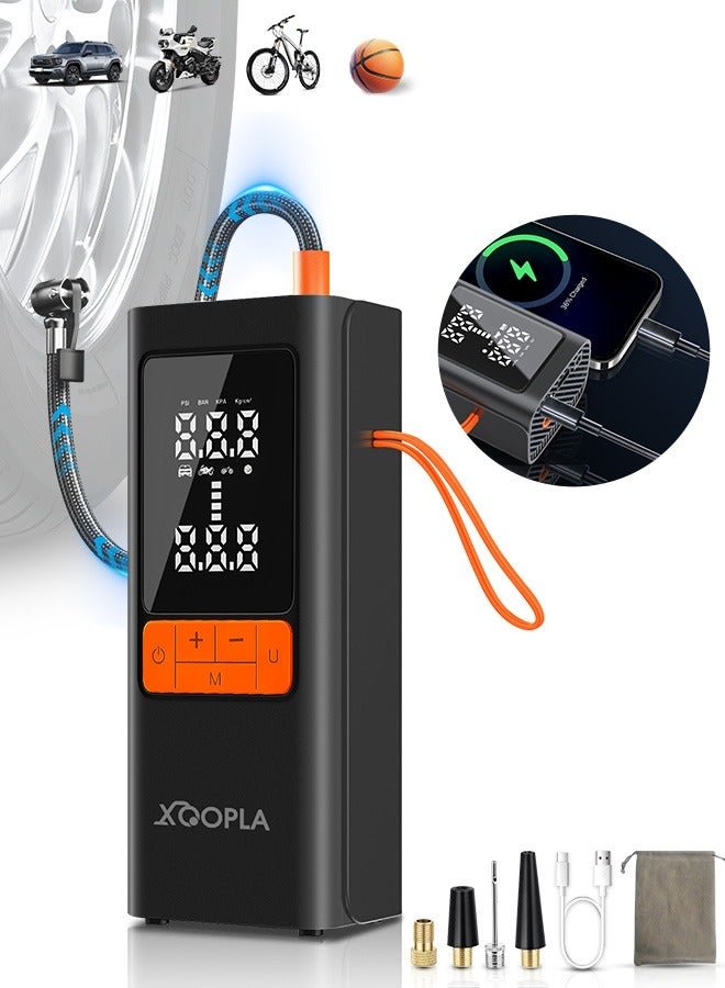 Xoopla Digital Car Tire Inflator , Cordless Portable Air Compressor , Electric Air Pump with 6000mAh/22.2Wh/11.1V Battery Power Bank and Auto Stop Fuction, SOS Emergency LED Light/LCD Screen/4 Nozzle,Cycle Tyre Inflator for Car,Motorcycle,Bicycle,Ball