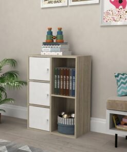 DANUBE HOME Kinder 3Door Book Case With Open Shelves | Modern Design Organiser Cupboard | Multifunctional Kids Display Rack Book Case For Home L60xW29xH80cm - White & Sonoma Oak