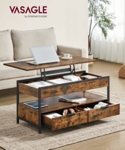 VASAGLE Lift Top Coffee Table, Living Room Table, with Storage Drawers, Hidden Compartments, and Open Shelf, Rustic Brown and Ink Black
