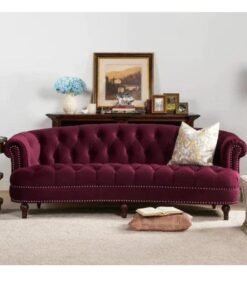 Wooden Twist Chesterfield Velvet 3-Seater Rolled Arm Sofa Walnut Legs ( Maroon )