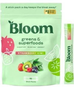 Bloom Nutrition Greens and Superfoods Powder Packets for Digestive Health, Greens Powder, Digestive Enzymes, Probiotics, Spirulina, Chlorella for Bloating & Gut Support, 15 Stick, Strawberry Kiwi