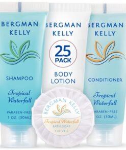 BERGMAN KELLY Hotel Toiletries Bundle Tropical Waterfall 1 oz each 100 Pieces 4Piece Set 25 Round Bar Soap 25 Shampoo 25 Conditioner  25 Body Lotion  Bulk Mini Guest Amenities Supply