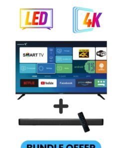 VIDEOCON 50 Inch 4K UHD LED Smart TV with Android OS, DVBT2/S2 Receiver, 60Hz, HDR, Paired With 2.0 Channel 30W Soundbar, 3D Surround Sound, Bluetooth, USB, FM Radio E50EL1100+SOUNDBAR Black