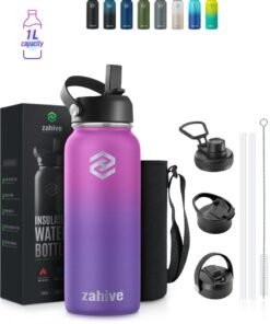 Zahive Insulated Stainless Steel Water Bottle with Straw with 3 Lids and Bag 1000 ml, Double Wall Thermos for Hot and Cold Drinks for Gym and Work, Wide Mouth, Leak Proof, 1 litre, Purple