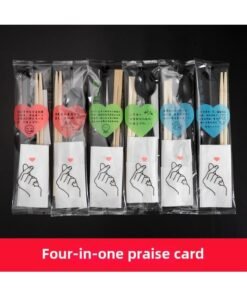 Trumpet Flower Disposable Chopsticks Four-piece Set Take-out Packing Spoon Toothpick Tableware Set Hotel Commercial Four-in-One-Color:Praise Card Four In One
