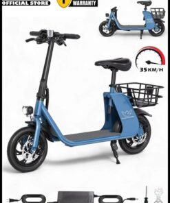 Wind Horse Premium Foldable Electric Scooter with Seat and Rear Basket, 450W Motor, 36V 8AH Battery, 25-35 KM/h Speed, Carbon Alloy Frame, 12.5 Inches Tires, Disk Brakes, Unisex Comfortable E-Scooter for Adults
