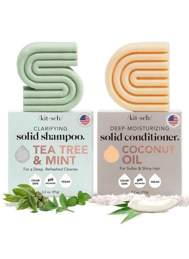 Kitsch Tea Tree Shampoo Bar Soap & Coconut Oil Hair Conditioner Bar Clarifying Shampoo For Hair Grease Cleansing & Moisturizing Organic Natural Soap Zero Waste Travel Size Hair Care Set Of 2 Pack