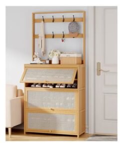 keke Flip Door Shoe Cabinet Hanger Integrated Household Doorway Multi-functional Shoe Rack Solid Wood Beige Storage 100*32*188 CM