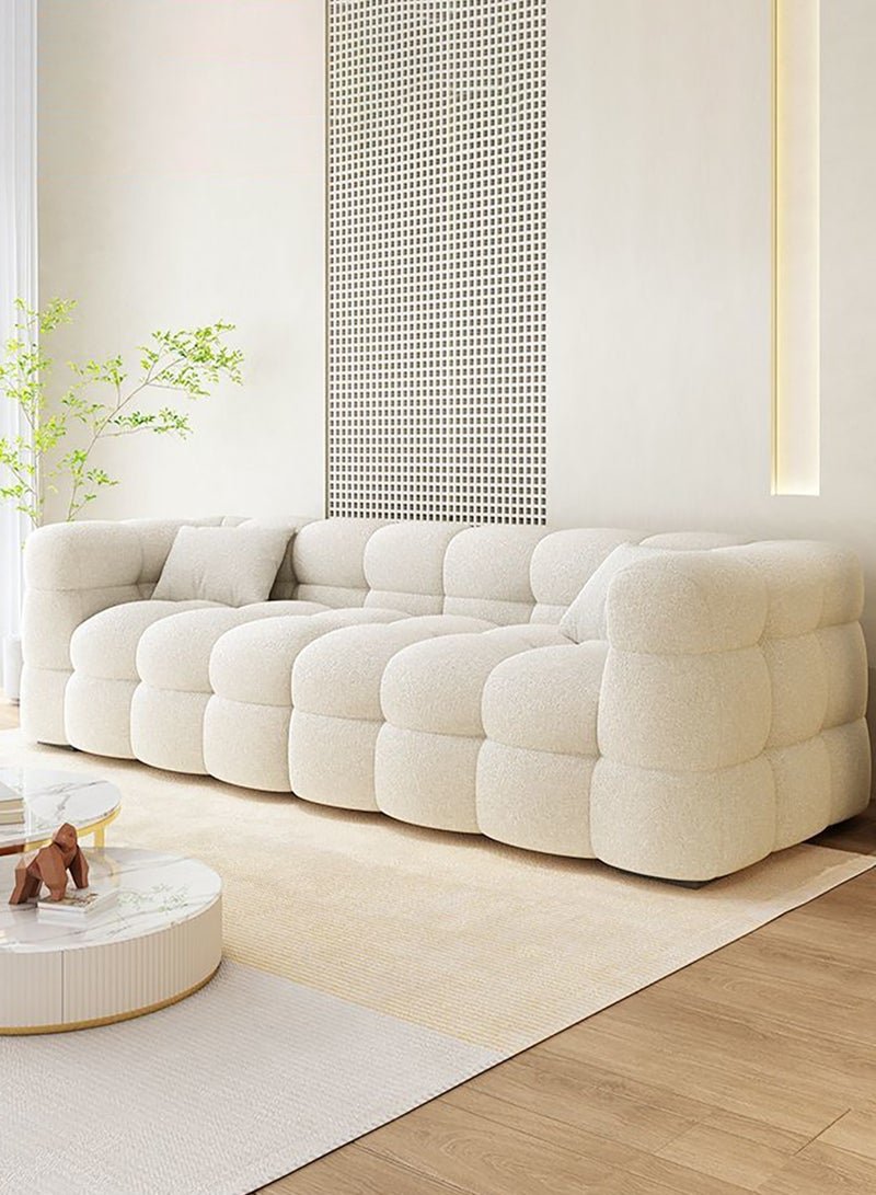 Merry Moments 3 Seater Sofa Modern Sofa White Sofa White Bouclé Upholstered Sofa Curly Oatmeal White for Living Room Reception Office Airbnb with 3-Piece Filled Cushion Set L200xH65xW80 cm