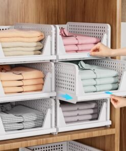 HOMIFLY 2 Pieces Stackable Wardrobe Organizer for Storage/Foldable Cupboard Organizer for Clothes/Polypropylene Multipurpose Space Organizers/Adjustable Sliding Drawer (White)