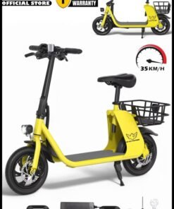 Wind Horse Premium Foldable Electric Scooter with Seat and Rear Basket, 450W Motor, 36V 8AH Battery, 25-35 KM/h Speed, Carbon Alloy Frame, 12.5 Inches Tires, Disk Brakes, Unisex Comfortable E-Scooter for Adults