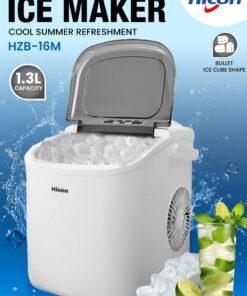 HICON Automatic Ice Maker, 15kg 24hrs Ice Production, Round lce Cube Shape,1.3 Liter Capacity With 6-13mins Ice Making, LED Display 6.2kg 110W for Home Kitchen, Bars, Coffee Shops, Restaurant HZB-16M-White