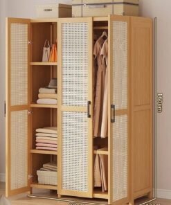 Alternative view of NKX Rattan Panel Wooden Wardrobe 3 Door Freestanding Closet Organizer with Hanging Rod & Shelves Size 160ccm 90cm 42cm