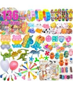 136 Pcs Pop Kids Party Favors Toys Bulk,5-in-1 Classroom Prize Box for 4-10 Ages Boys Girls,Carnival Treasure Box Stuffers Fidget Pop Its,Arts & Educational Toys Goody Bag Fillers,Pinata Stuffers