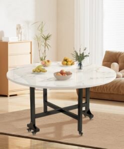 Triple Folding Dining Table, Movable Large Round Table with Wheels, Suitable for Living Rooms, Saving Space,120x120cm
