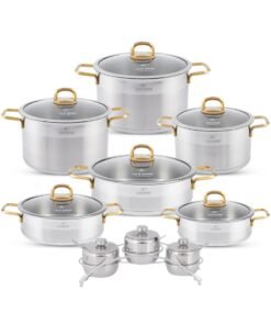 LIFE SMILE 19-Pcs Stainless Steel Cookware Set - 18/10 Premium Stainless Steel Pots and Pans Set - Cooking Pots Set Compatible with All Stovetops Including Induction - Steel Cookware Set includes 24/26/28cm Soup Pots with lid , 24/28/32 Shallow pots with Lid and 3pcs Spice Pot with Lid,Spoon & Stand,Oven Safe Cookwares