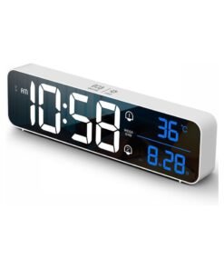 Dubkart Digital Clock, Large LED display with rechargeable battery. Sound-activated snooze feature, displays date and temperature. Ideal for living rooms, bedrooms, kitchens, and offices. White color.