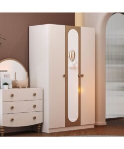 DANUBE HOME Caramel 3-Door Wardrobe With Mirror – Sleek Bedroom Storage With Hanging & Shelves, Elegant Wardrobe For Kids & Teens – White & Brown