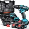 AOTUO 98V cordless drill, two lithium-ion batteries and fast charger, 3/8-inch drill kit, 25+ 3-position clutch, LED work light, variable speed drill, 256 pounds of torque, 24 accessories