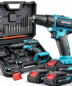 AOTUO 98V cordless drill, two lithium-ion batteries and fast charger, 3/8-inch drill kit, 25+ 3-position clutch, LED work light, variable speed drill, 256 pounds of torque, 24 accessories
