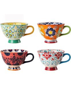 Garlo Large Coffee Mugs Sets of 4, 420ml Footed Coffee Cups Set for Latte Cappuccino Hot Chocolate Soup, Hand-Painted Traditional Farmhouse Pattern