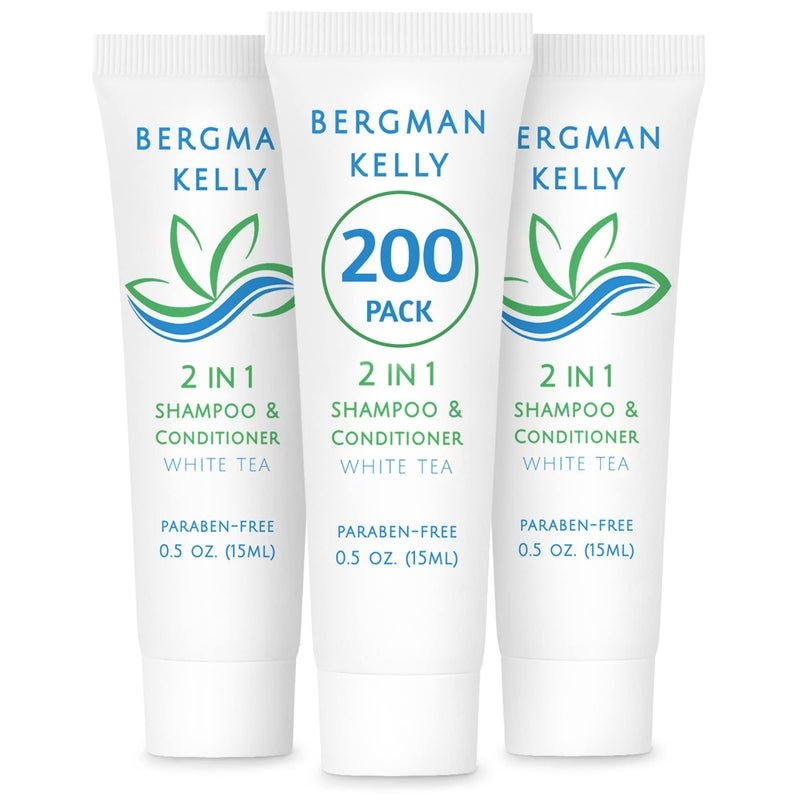 Bergman Kelly Hotel 2 in 1 Shampoo and Conditioner 05 fl oz 200 PK White Tea Delight Your Guests with Revitalizing and Refreshing Travel Size Shampoo Quality Mini Hotel Toiletries in Bulk