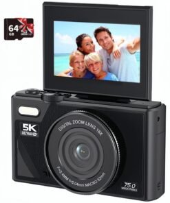 Milatech Digital Camera, 5K Vlogging Camera, Kids Camera 75MP Point and Shoot Digital Cameras with 64GB TF Card, 18X Zoom, For Kids Boys Girls (Black)