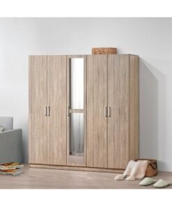 DANUBE HOME Supreme 5-Door Wardrobe With Mirror For Hanging Clothes Extra Sturdy Rack Storage Organiser Modern Design Space Saving Cabinets For Bedroom - French Sonoma Oak