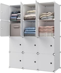 Portable Closet Clothes Wardrobe Bedroom Armoire Storage Organizer With Hanging Section, Capacious & Sturdy, 12 cabinets full white color (2 Hangers & 6 Cubes) (12 cube white)