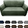 Pfrstuv Store Loveseat Sofa Slipcover Leather Look Couch Covers for 2 Seater Couch Sofa 1-Piece Sofa Cover Stretch Furniture Protector with Elastic Bottom & Pockets(Loveseat, Army Green)