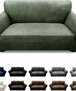 Pfrstuv Store Loveseat Sofa Slipcover Leather Look Couch Covers for 2 Seater Couch Sofa 1-Piece Sofa Cover Stretch Furniture Protector with Elastic Bottom & Pockets(Loveseat, Army Green)