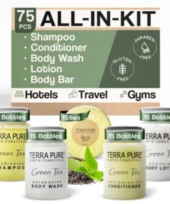 Terra Pure Hotel Soaps and Toiletries Bulk Set  1Shoppe AllInKit Amenities for Hotels  1oz Hotel Shampoo  Conditioner Body Wash Body Lotion  125oz Bar Soap Travel Size Toiletries  75 Pieces