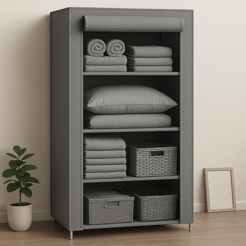 OBBO 4-Layer Single Rack Wardrobe – Portable Foldable Fabric Closet Organizer with Durable Steel Frame and Cover | Space-Saving Storage Solution for Clothes Toys Books & Accessories