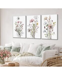 INSIJAM Set Of 3 Canvas Wall Arts Stretched Over Wooden Frame Vintage Wildflower Canvas Wall art Country Farmhouse Watercolor Flower Botanical Painting Pictures Wall Decor Floral Poster Print Artwork for Bedroom Living Room Girls Room Decoration