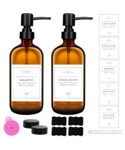 SKYLINK 2Pack 16oz Amber Glass Soap Dispenser Bottles with Pump – Refillable Bathroom & Kitchen Soap Dispensers for Hand Soap, Dish Soap, Lotion – Includes Labels